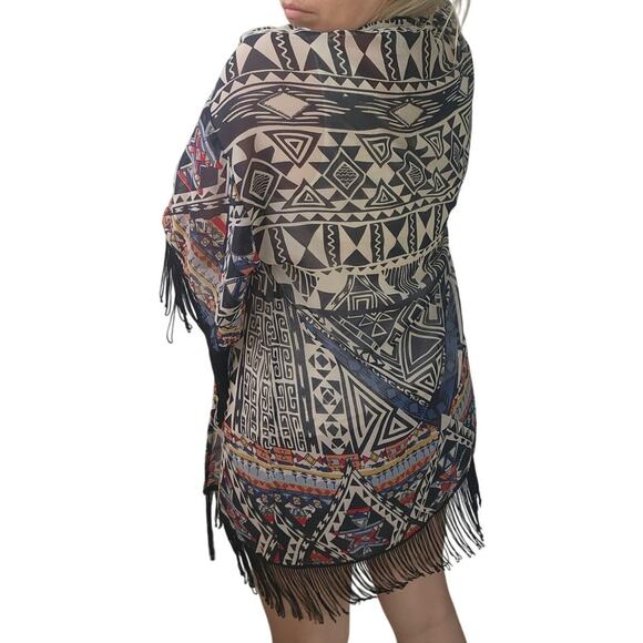 Angie kimono duster aztec western fringe multi S boho beach coverup  festival - Picture 2 of 11